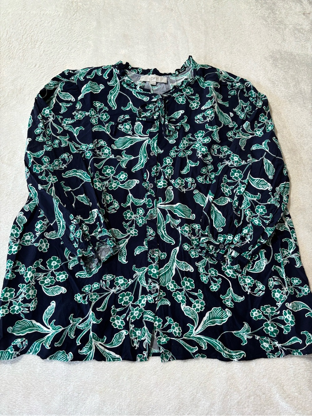 LOFT Navy Floral Tie-Neck Blouse with Green Print